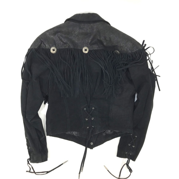 Vintage Suede Fringe 80s Black Leather Cropped Jacket - Picture 6 of 7